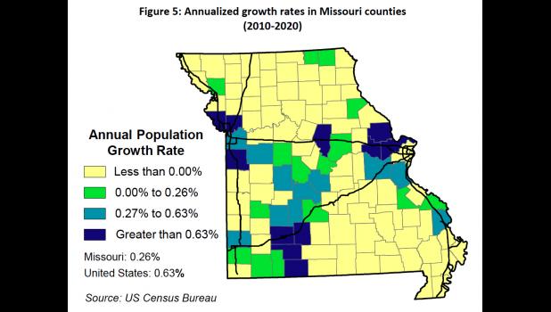 Annualized growth rates in Missouri counties (2010-2020). From 'Population Trends in Missouri and Its Regions' by Mark White, University of Missouri associate extension professor.