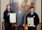 Senator Hoskins presented resolutions to two state FFA officers from the 21st Senatorial District. Visiting the Capitol as part of FFA legislative day was Kaylee Lewis of Chillicothe and Jacob Hall of Marshall.